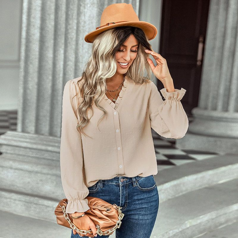V-Neck Casual Polka Dot Ruffled Blouse