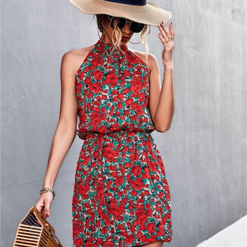 Bohemian Style Halterneck Flower Print Dress