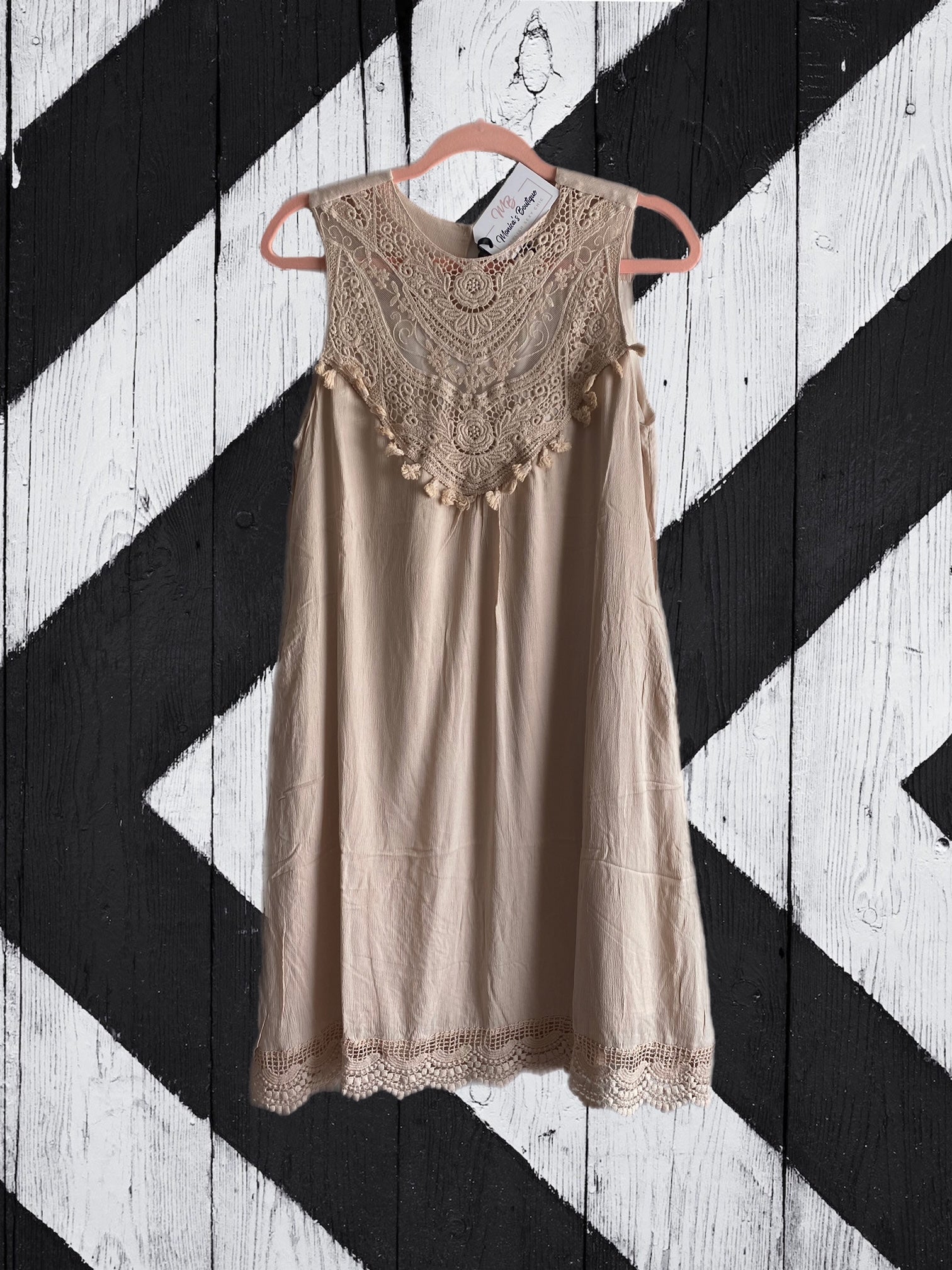 Crochet Lace Detailed Beige Sleeveless Dress