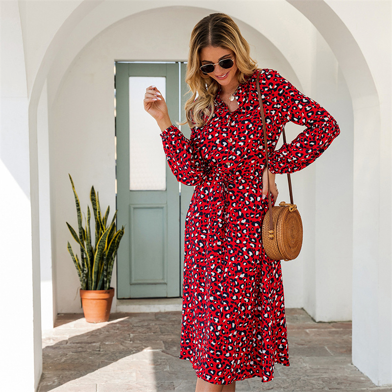 Leopard Printed Long Sleeve Dress-Red