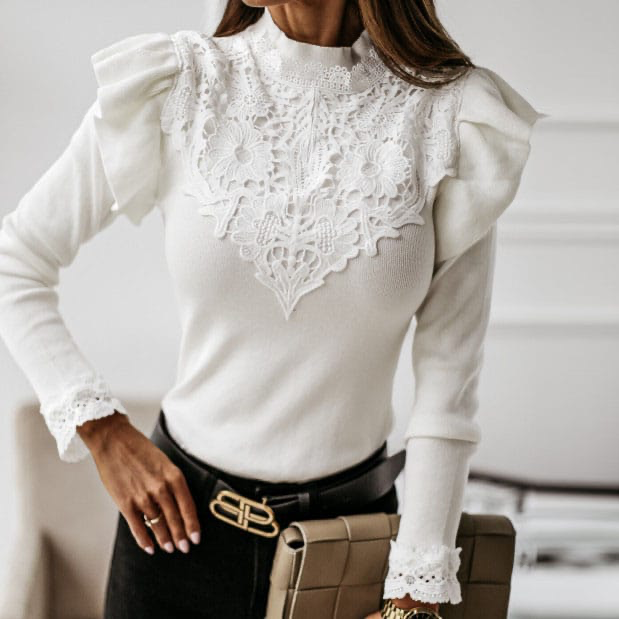 White Shoulder Ruffle Long Sleeve Shirt